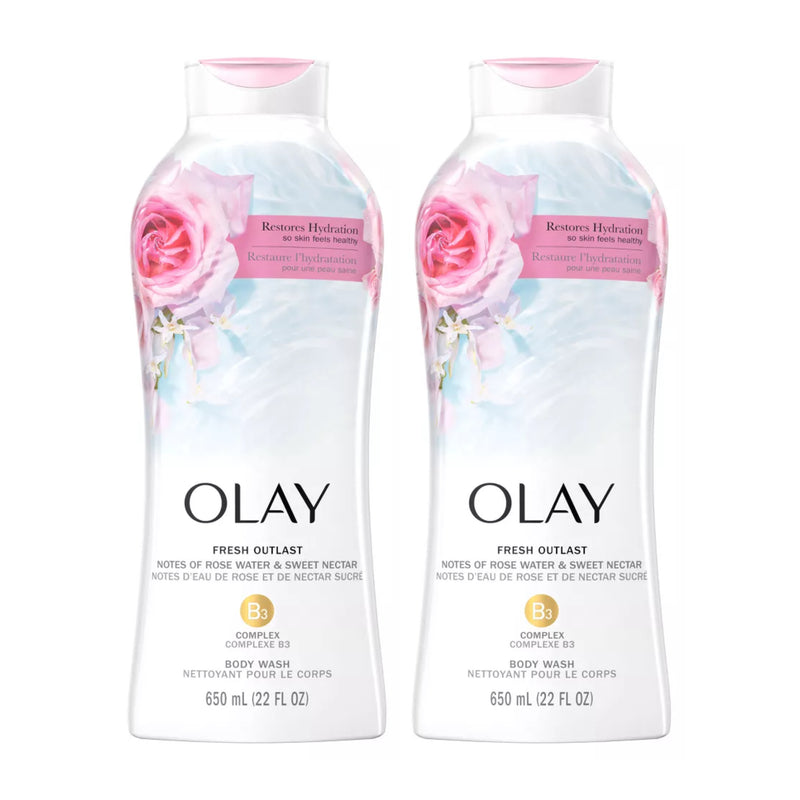 Olay Fresh Outlast Body Wash With Rose Water & Sweet Nectar, 650ml (Pack of 2)