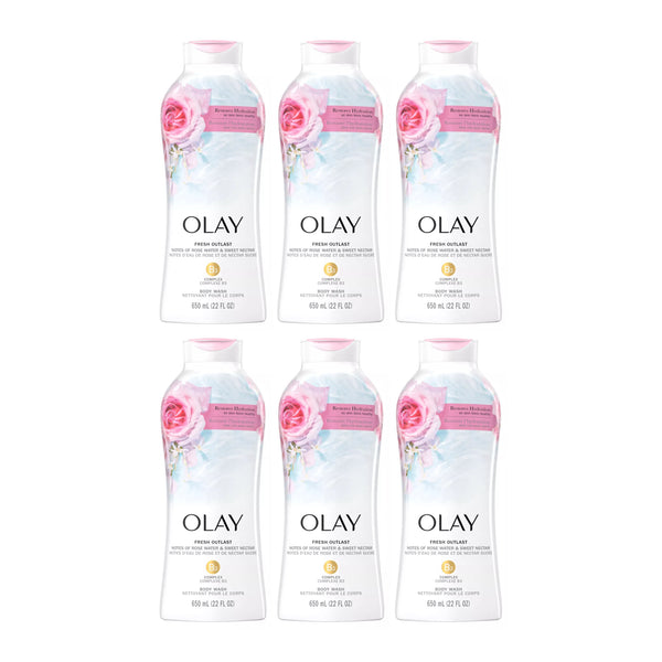 Olay Fresh Outlast Body Wash With Rose Water & Sweet Nectar, 650ml (Pack of 6)