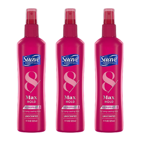 Suave Essentials 8 Max Hold Long-Lasting Hairspray Unscented, 11oz (Pack of 3)