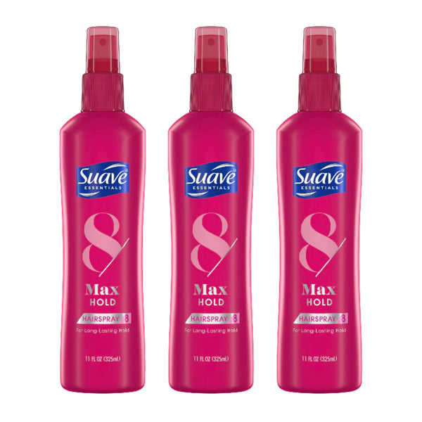 Suave Essentials 8 Max Hold Hairspray For Long-Lasting Hold, 11oz (Pack of 3)