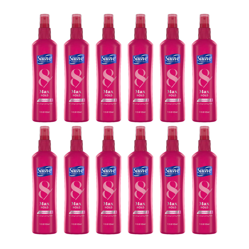 Suave Essentials 8 Max Hold Hairspray For Long-Lasting Hold, 11oz (Pack of 12)