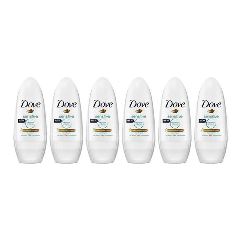 Dove Sensitive Antiperspirant Roll On Deodorant, 50ml (Pack of 6)