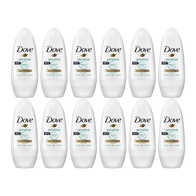 Dove Sensitive Antiperspirant Roll On Deodorant, 50ml (Pack of 12)