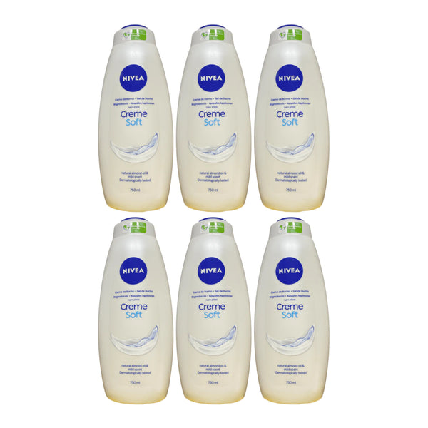 Nivea Creme Soft w/ Natural Almond Oil & Mild Scent Body Wash 750ml (Pack of 6)