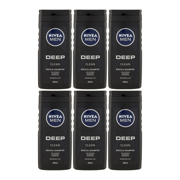 Nivea Men Deep Clean Doccia Shampoo Shower Gel, 250ml (Pack of 6)