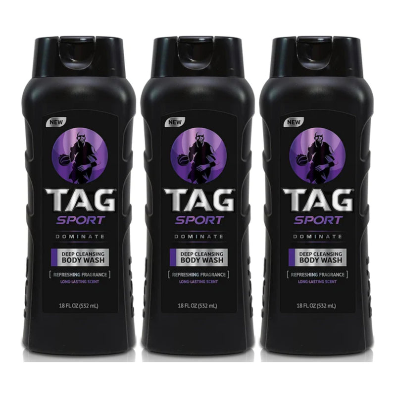 Tag Sport Dominate Deep Cleaning Body Wash, 18oz (532ml) (Pack of 3)