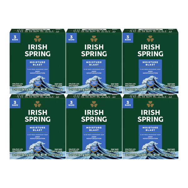 Irish Spring Moisture Blast Bar Soap (3 Bars/Pack), 11.1oz (314.4g) (Pack of 6)