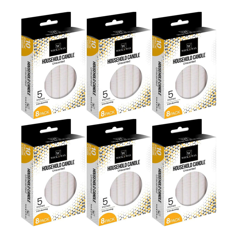 Wick & Wax Unscented 5" White Household Candle, 8 Count (Pack of 6)