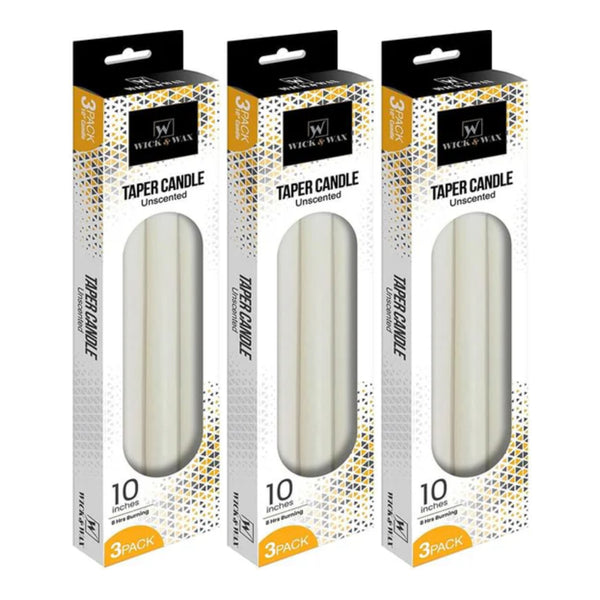 Wick & Wax Unscented 10" White Taper Candle, 3 Count (Pack of 3)