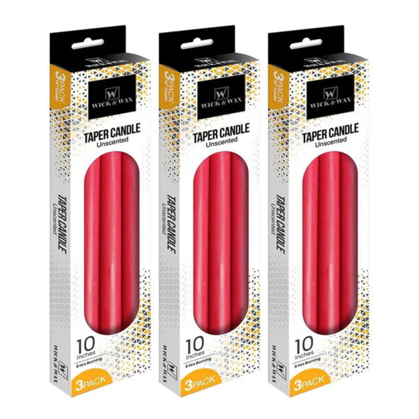 Wick & Wax Unscented 10" Red Taper Candle, 3 Count (Pack of 3)