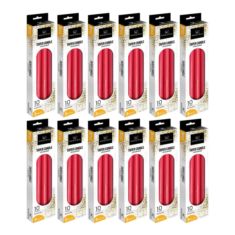 Wick & Wax Unscented 10" Red Taper Candle, 3 Count (Pack of 12)