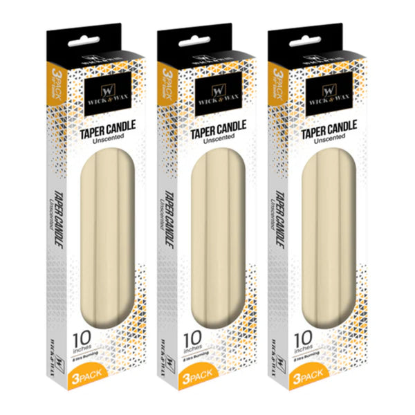 Wick & Wax Unscented 10" Ivory Taper Candle, 3 Count (Pack of 3)