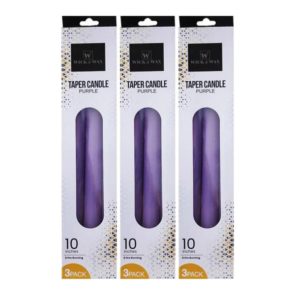 Wick & Wax Unscented 10" Purple Taper Candle, 3 Count (Pack of 3)