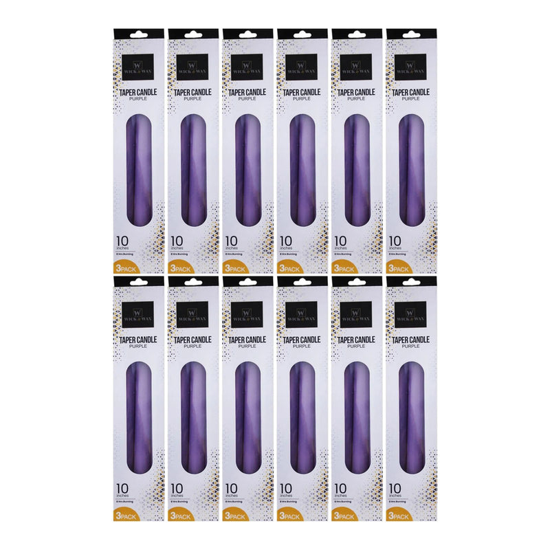 Wick & Wax Unscented 10" Purple Taper Candle, 3 Count (Pack of 12)