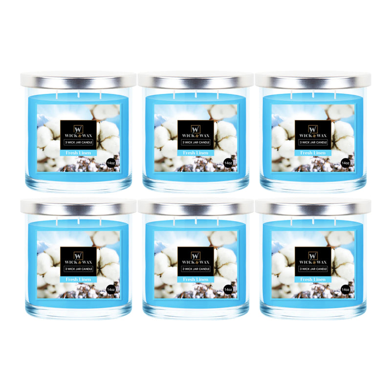 Wick & Wax Fresh Linen Scented 3-Wick Jar Candle, 14oz (Pack of 6)
