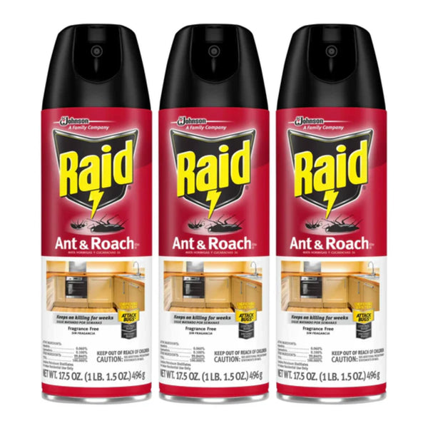 Raid Ant & Roach Spray - Fragrance Free, 17.5 oz. (Pack of 3)