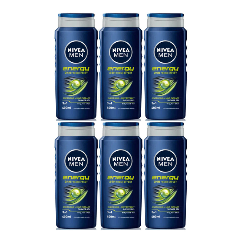 Nivea Men Energy 3-in-1 Shower Gel w/ Mint Extract, 8.45oz (250ml) (Pack of 6)