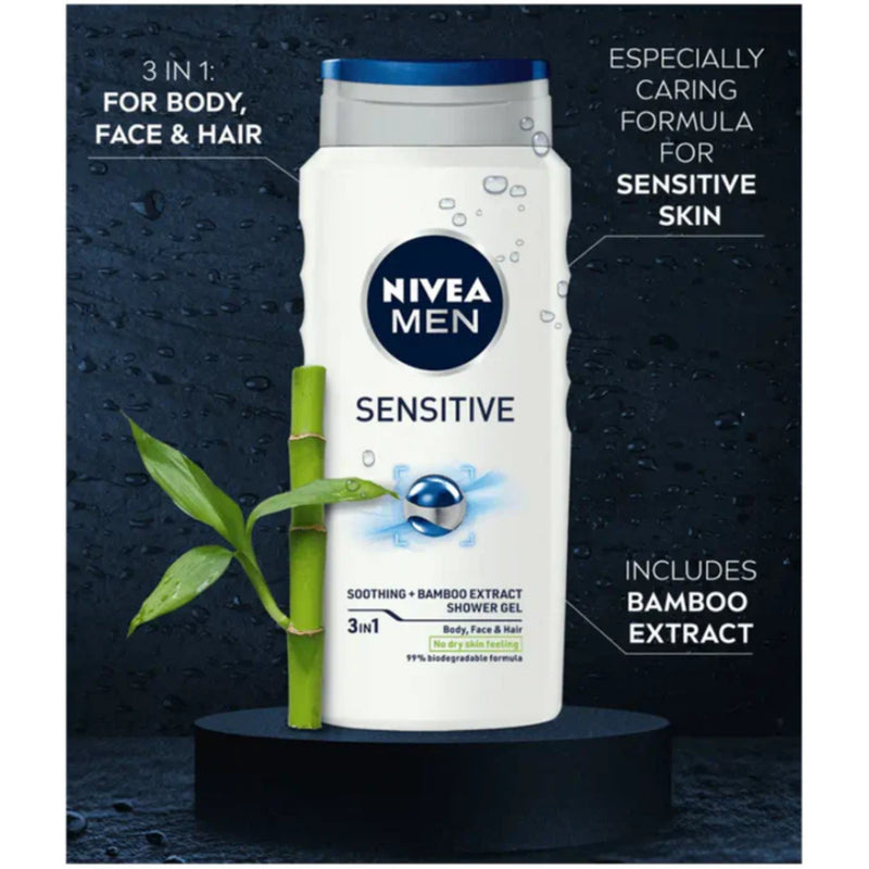 Nivea Men Sensitive 3-in-1 Shower Gel Bamboo Extract 8.45oz (250ml) (Pack of 3)