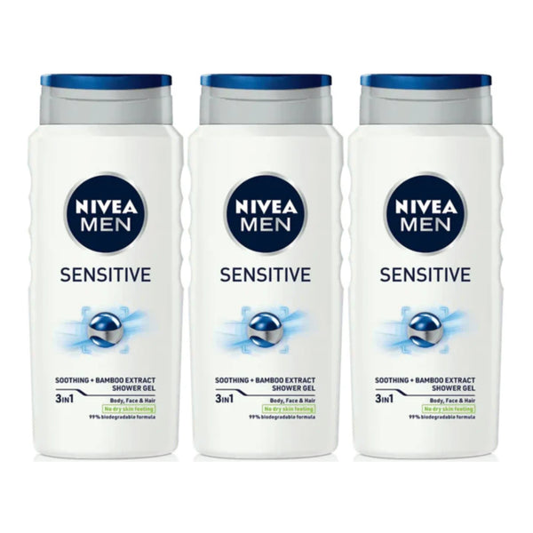 Nivea Men Sensitive 3-in-1 Shower Gel Bamboo Extract 8.45oz (250ml) (Pack of 3)