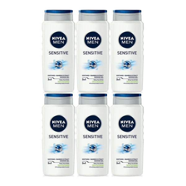 Nivea Men Sensitive 3-in-1 Shower Gel Bamboo Extract 8.45oz (250ml) (Pack of 6)