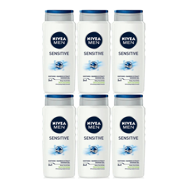 Nivea Men Sensitive 3-in-1 Shower Gel Bamboo Extract 8.45oz (250ml) (Pack of 6)