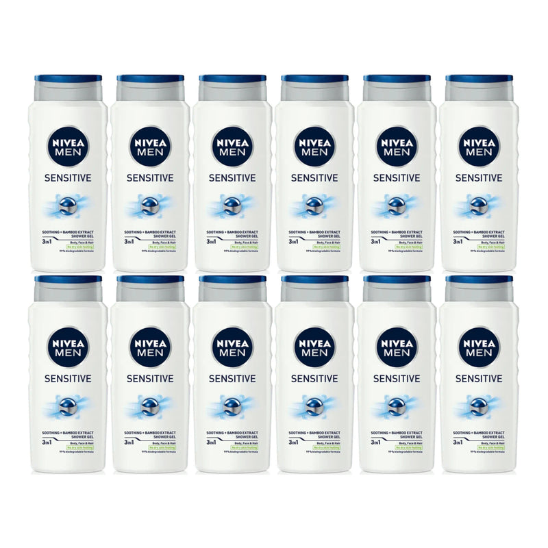 Nivea Men Sensitive 3-in-1 Shower Gel Bamboo Extract 8.45oz (250ml) (Pack of 12)