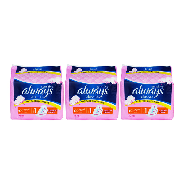 Always Classic Sensitive Normal Size 1 Sanitary Pads, 10 ct. (Pack of 3)