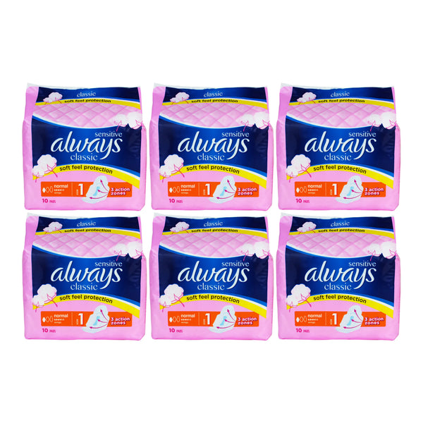 Always Classic Sensitive Normal Size 1 Sanitary Pads, 10 ct. (Pack of 6)