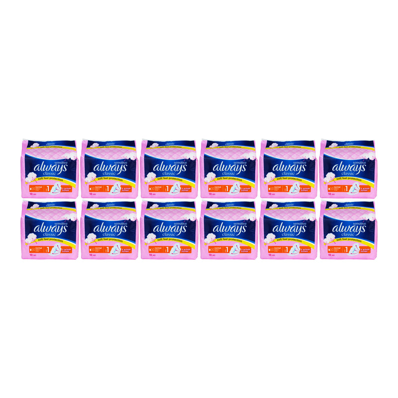 Always Classic Sensitive Normal Size 1 Sanitary Pads, 10 ct. (Pack of 12)