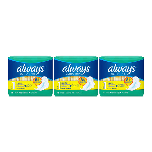 Always Ultra Thin Regular Flexi-Wings Size 1 Sanitary Pads, 18 ct. (Pack of 3)