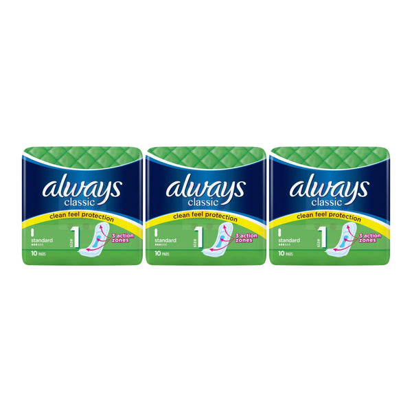 Always Classic Standard Size 1 Sanitary Pads, 10 ct. (Pack of 3)