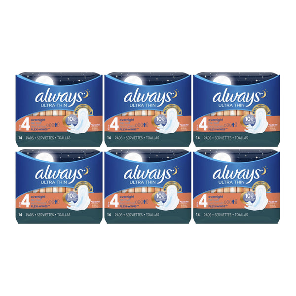 Always Ultra Thin Overnight Flexi-Wings Size 4 Sanitary Pads, 14 ct (Pack of 6)