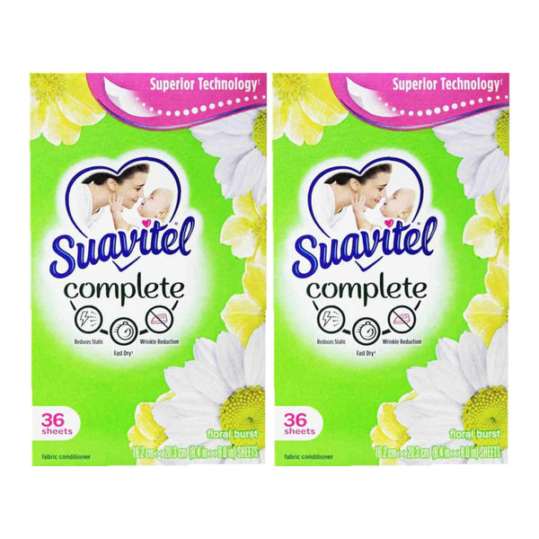 Suavitel Fabric Softener Dryer Sheets - Floral Burst, 36 Count (Pack of 2)