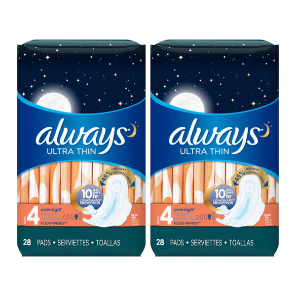 Always Ultra Thin Overnight Flexi-Wings Size 4 Sanitary Pads, 28 ct (Pack of 2)