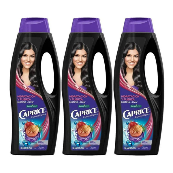 Caprice Shampoo Hidratación y Fuerza (Biotina + Uva), 750ml (Pack of 3)