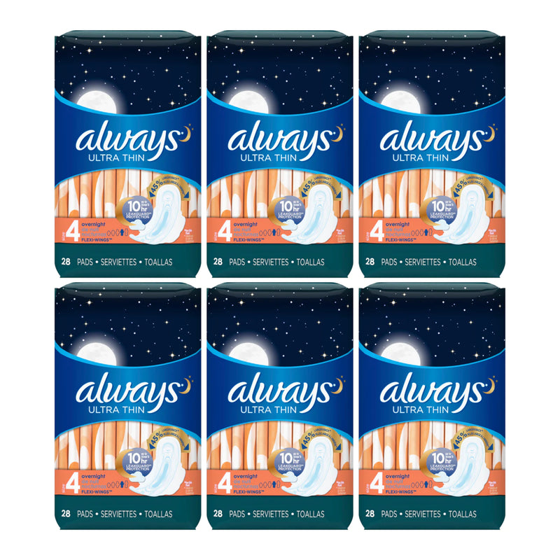 Always Ultra Thin Overnight Flexi-Wings Size 4 Sanitary Pads, 28 ct (Pack of 6)