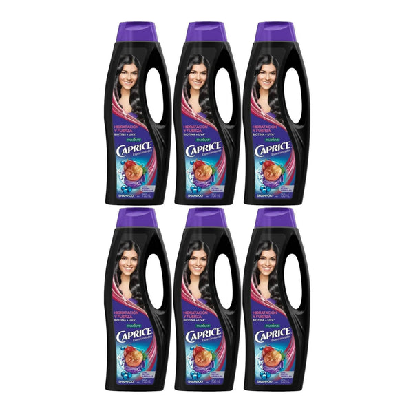 Caprice Shampoo Hidratación y Fuerza (Biotina + Uva), 750ml (Pack of 6)