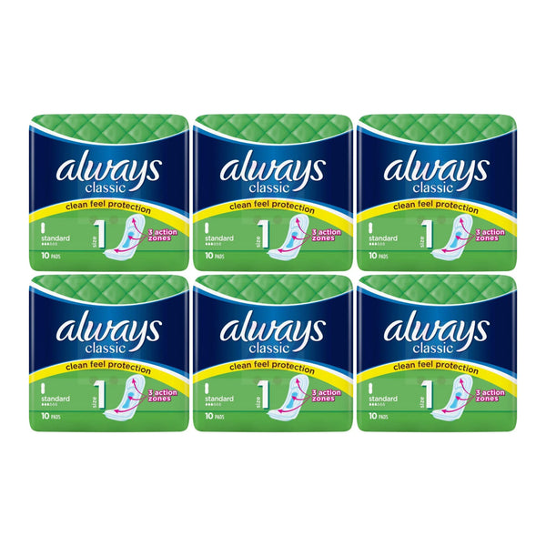 Always Classic Standard Size 1 Sanitary Pads, 10 ct. (Pack of 6)