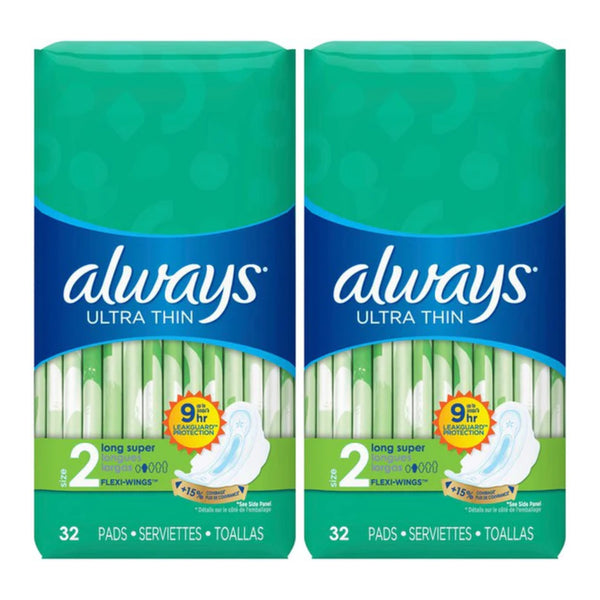 Always Ultra Thin Long Super Flexi-Wings Size 2 Sanitary Pads 32 ct (Pack of 2)