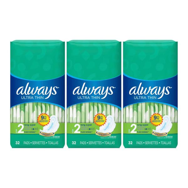 Always Ultra Thin Long Super Flexi-Wings Size 2 Sanitary Pads 32 ct (Pack of 3)