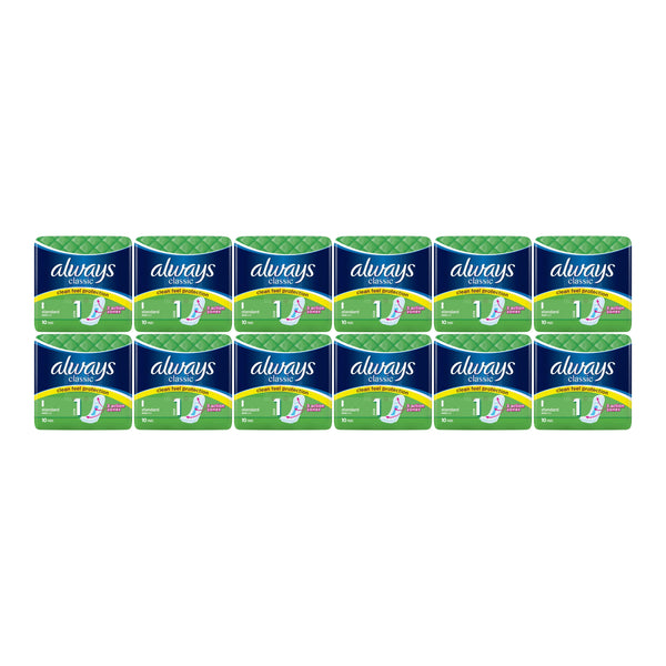 Always Classic Standard Size 1 Sanitary Pads, 10 ct. (Pack of 12)