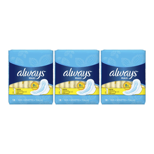 Always Maxi Regular with Flexi-Wings Size 1 Sanitary Pads, 18 ct. (Pack of 3)