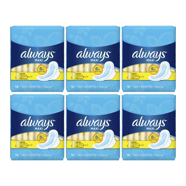Always Maxi Regular with Flexi-Wings Size 1 Sanitary Pads, 18 ct. (Pack of 6)