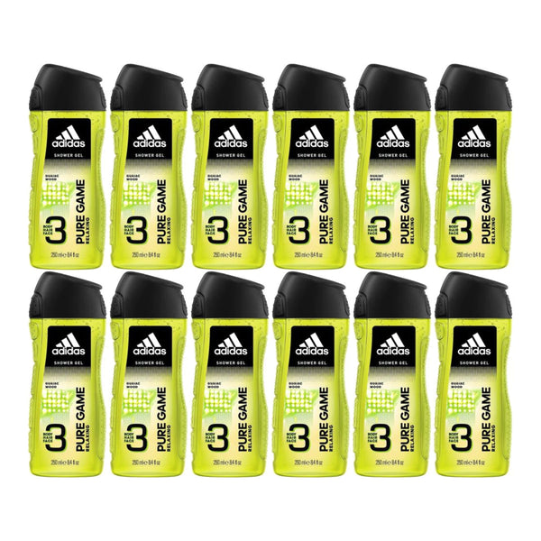 Adidas 3-in-1 Pure Game Relaxing Guaiac Wood Shower Gel, 8.4oz (Pack of 12)