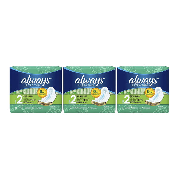 Always Ultra Thin Long Super Flexi-Wings Size 2 Sanitary Pads 16 ct (Pack of 3)