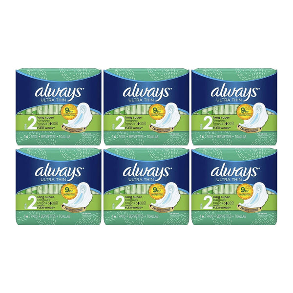 Always Ultra Thin Long Super Flexi-Wings Size 2 Sanitary Pads 16 ct (Pack of 6)