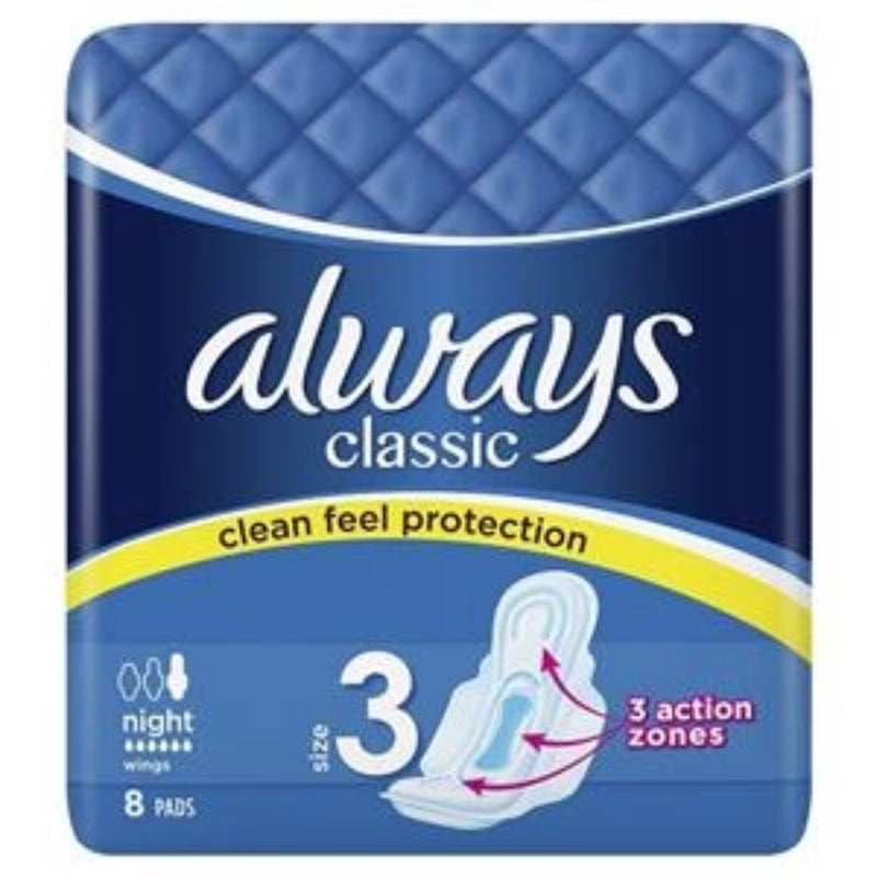 Always Classic Night Wings Size 3 Sanitary Pads, 8 ct.