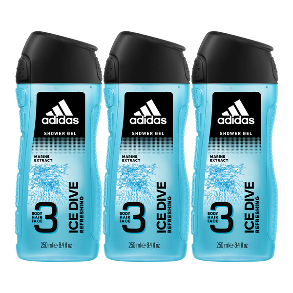 Adidas 3-in-1 ICE DIVE Refreshing Marine Extract Shower Gel, 8.4oz (Pack of 3)