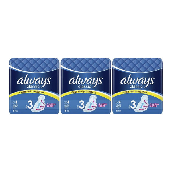 Always Classic Night Wings Size 3 Sanitary Pads, 8 ct. (Pack of 3)