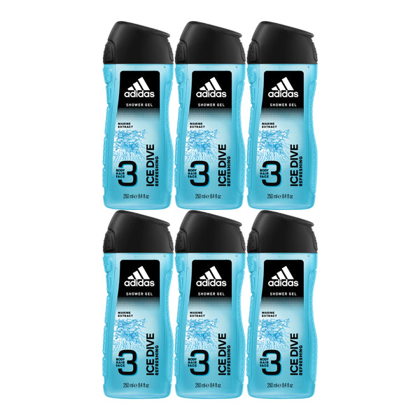 Adidas 3-in-1 ICE DIVE Refreshing Marine Extract Shower Gel, 8.4oz (Pack of 6)